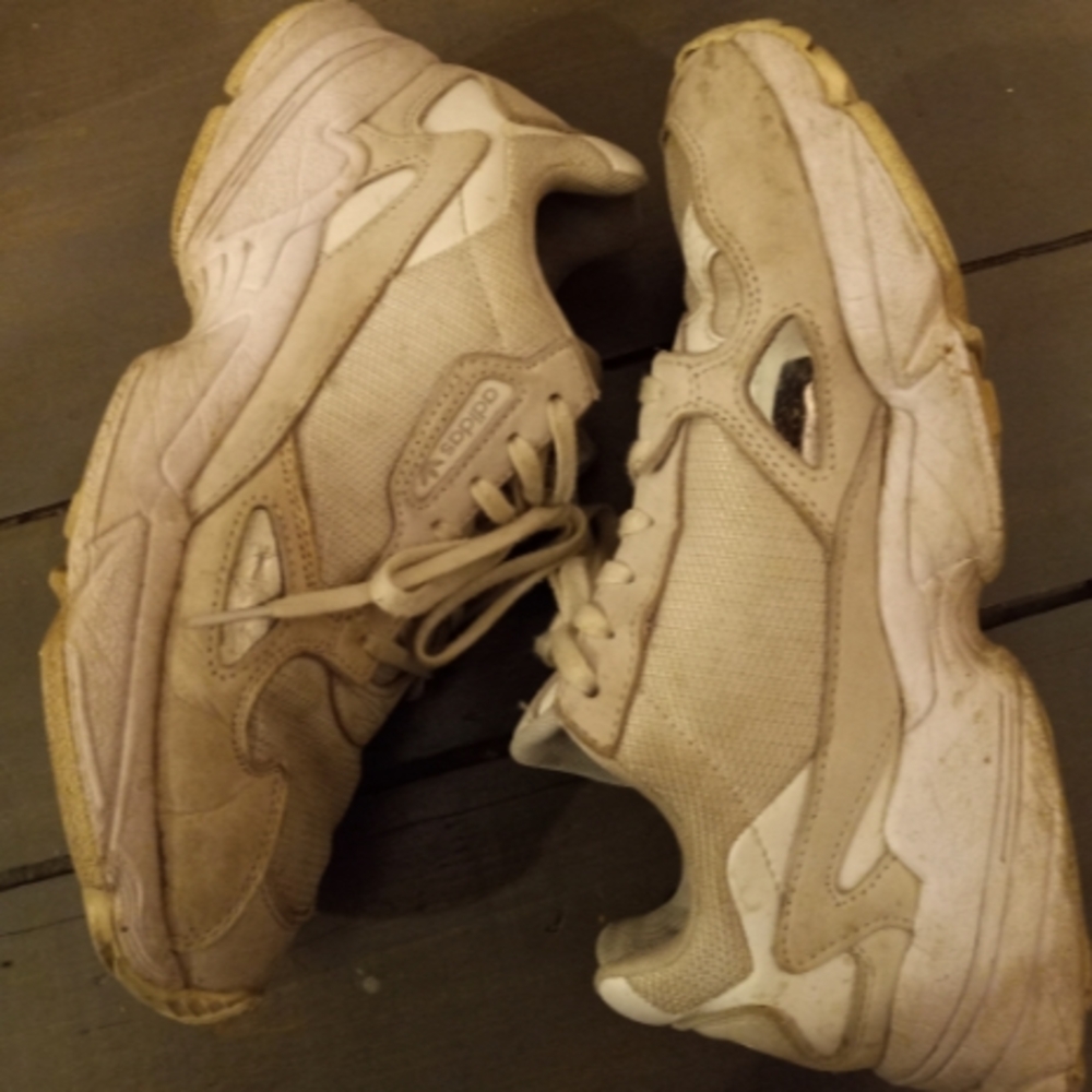 Adidas sneakers, women's size 8. White with metallic accents.